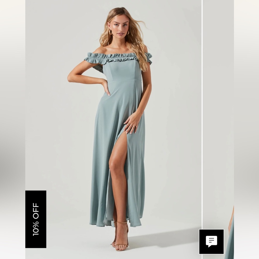 NWT light sage VENETIA OFF SHOULDER RUFFLE TRIM MAXI DRESS